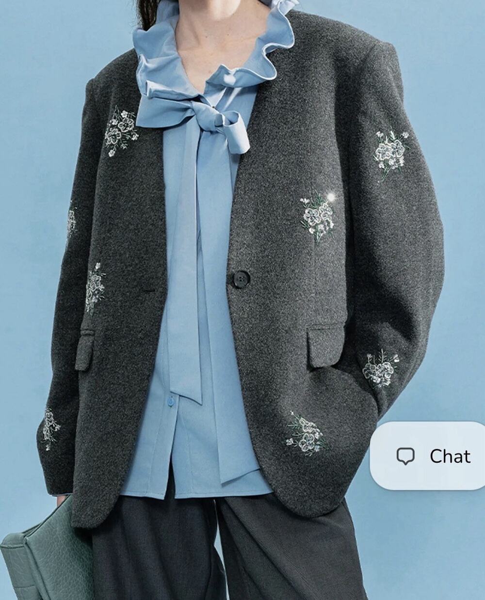 Selfwho Embroidered Gray Sheep Wool Beaded Flowers Blazer Size Medium MSRP: $359